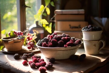 Early morning light bathes a bowl of dewy blackberries, with a vintage backdrop hinting at timeless culinary traditions. - obrazy, fototapety, plakaty