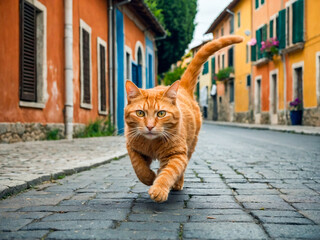 Ginger cat on the street is hunting