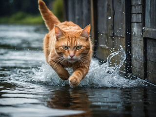 Ginger cat is hunting on flooded street