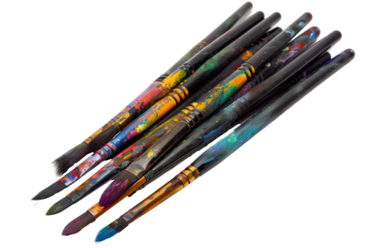 Paint-splattered brushes for creative artwork, cut out - stock png.