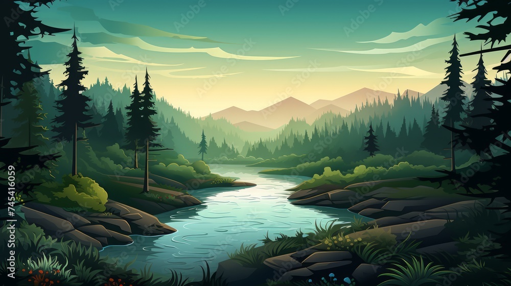 Poster generative ai a serene river winding through a dense, foggy forest.