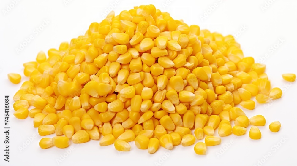 Poster A small heap of corn kernels captured in a close-up realistic photo against a white background Generative AI