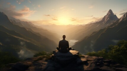 Generative AI A serene yogi practicing meditation atop a mountain peak, surrounded by breathtaking vistas.