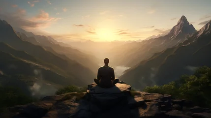 Fotobehang Generative AI A serene yogi practicing meditation atop a mountain peak, surrounded by breathtaking vistas. © vadosloginov
