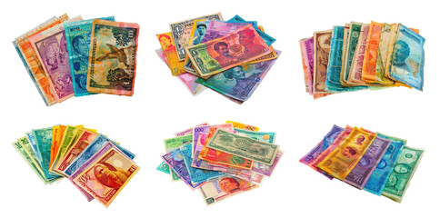Set of colorful assortment of international banknotes - obrazy, fototapety, plakaty