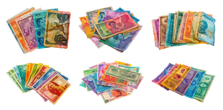 Set of colorful assortment of international banknotes, cut out - stock png.