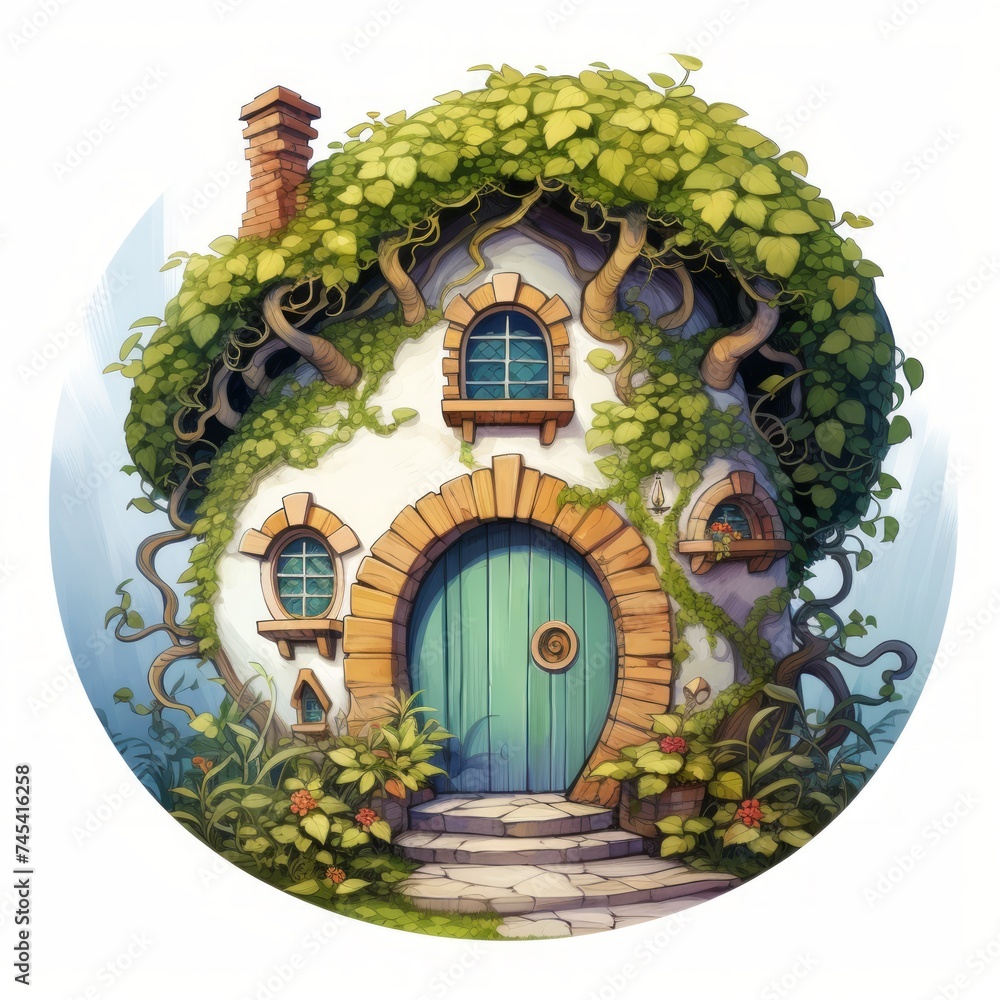 Poster generative ai a storybook-like house showcasing a round door and a slanted roof covered in foliage.