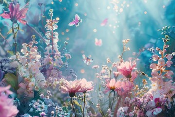 Ethereal garden with radiant flowers and butterflies. a whimsical holographic garden with pastel flowers and fluttering fairies, bringing fantasy to life in a child's room. Place for text
