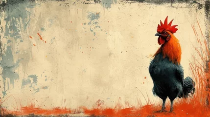 Fototapeten Red Rooster, Chicken in the Field, Rural Scene with Chicken, Rooster on a Farm. © Wall