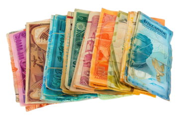 Colorful assortment of international banknotes, cut out - stock png.