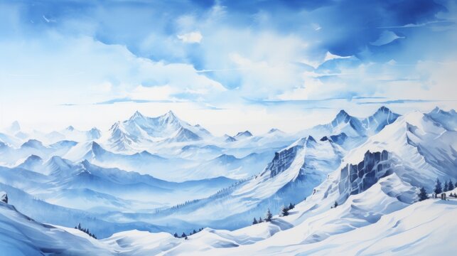 Generative AI A snowy mountain range against a clear blue sky landscape watercolor