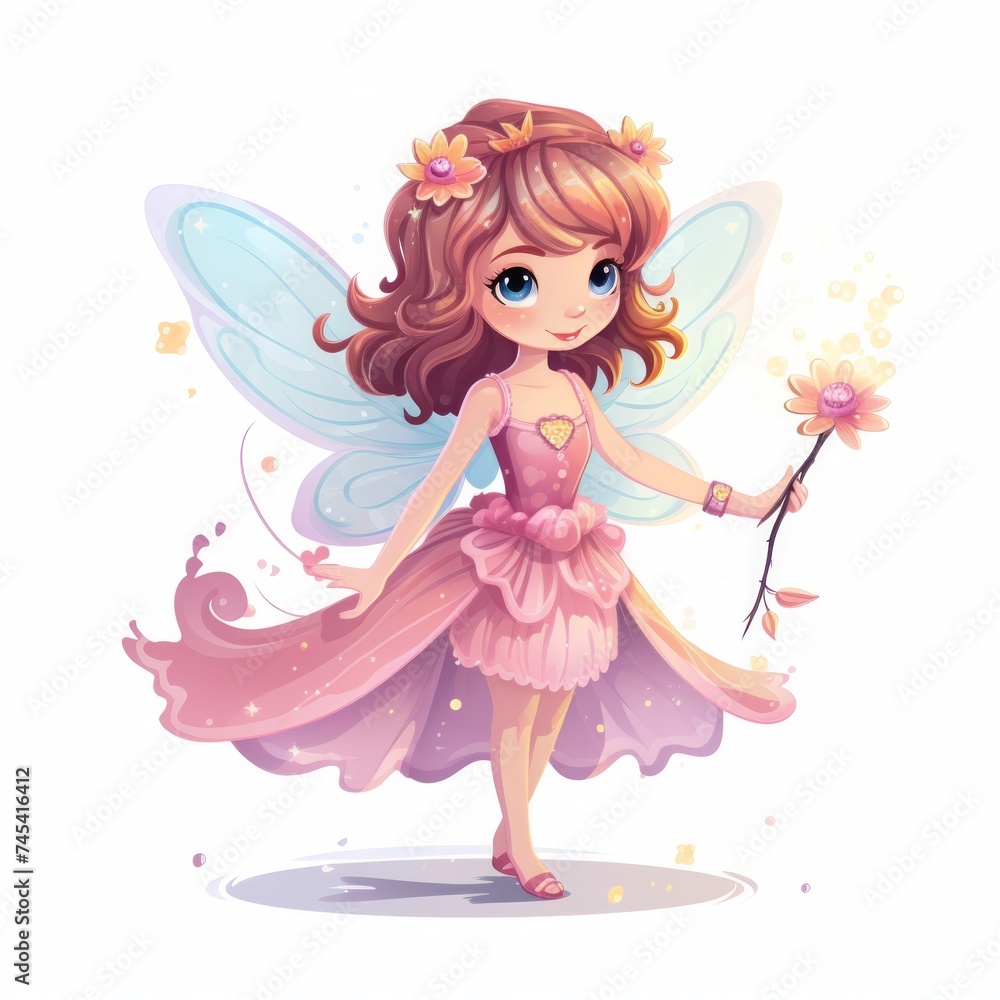 Poster generative ai a tiny fairy with delicate wings and a flower petal dress, spreading magic with a wand