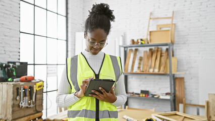 A focused african american woman wearing safety vest using tablet in a bright carpentry workshop.