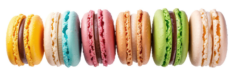 Row of colorful French macarons, cut out - stock png. © Mr. Stocker