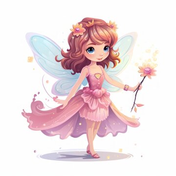 Generative AI A tiny fairy with delicate wings and a flower petal dress, spreading magic with a wand.
