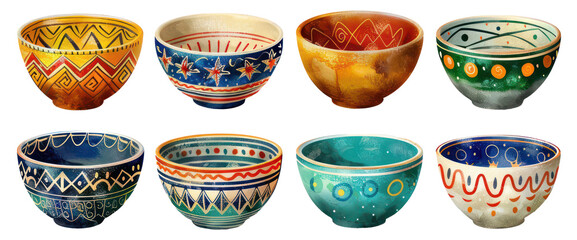 Decorative ceramic bowls with intricate patterns, cut out - stock png.