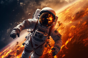 Obraz premium Astronaut Floating Above Fiery Planet Surface