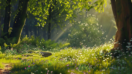 A serene forest glade bathed in soft sunlight, showcasing vibrant green foliage and delicate wildflowers in bloom, symbolizing nature's rejuvenation in May - obrazy, fototapety, plakaty