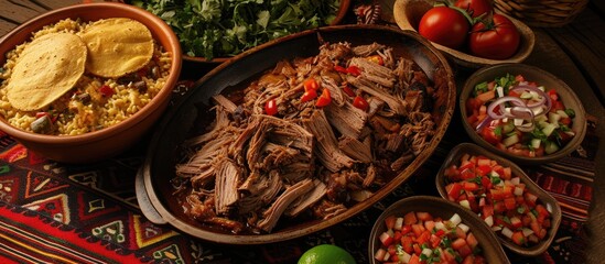 A table is adorned with bowls filled with various types of food, including carnitas pork chicharron and fresh vegetables, alongside bowls of vibrant salsa. The colorful spread showcases the