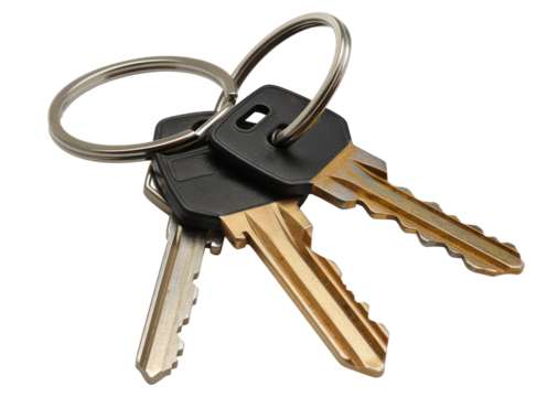 Set of various keys on keyrings, cut out - stock png.