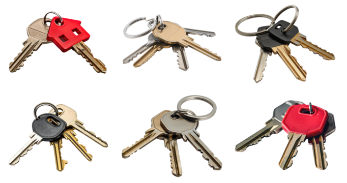 Set of various keys on keyrings, cut out - stock png.