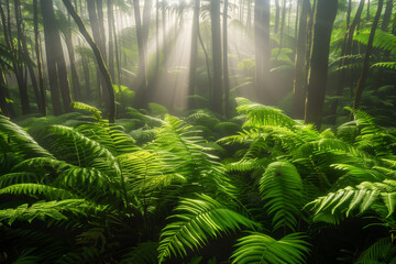 A serene image of a tranquil forest scene, with sunlight filtering through the trees onto a carpet of fresh, green ferns, evoking a sense of renewal and vitality