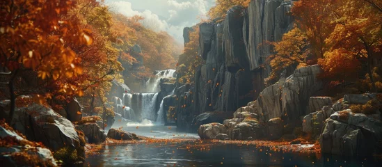 Fotobehang A detailed painting capturing a majestic waterfall flowing amidst a lush forest of tall trees. The rushing water cascades down rocks, creating a beautiful natural scene. © TheWaterMeloonProjec