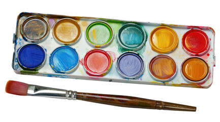 Watercolor paint set with brush ready for art, cut out - stock png.