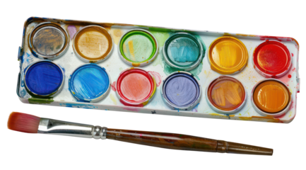 Watercolor paint set with brush ready for art, cut out - stock png.