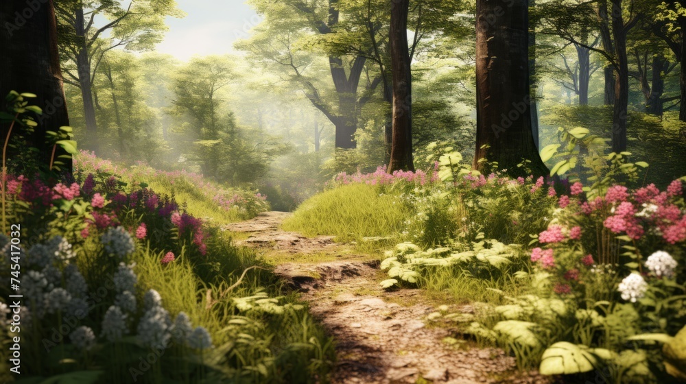 Poster generative ai a woodland trail lined with a picturesque display of spring wildflowers in various hue