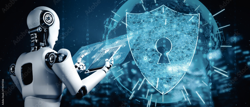 Poster xai 3d illustration ai robot using cyber security to protect information privacy. futuristic concept