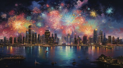 Generative AI A vibrant display of multicolored fireworks bursting in a night sky, illuminating a cityscape