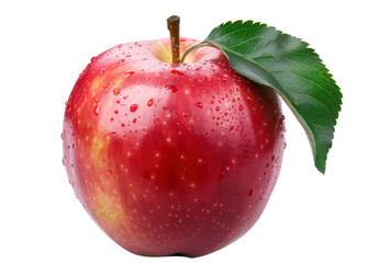 Fresh red apple with water droplets and leaves, cut out - stock png.