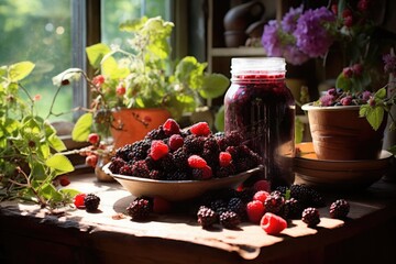 Sun-kissed berries on rustic wooden kitchen table, framed by greenery, evoke nostalgia in the warm...