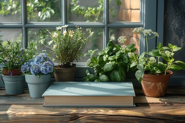 Bright and airy windowsill garden with an array of potted aromatic herbs and flowering plants, complemented by a closed light blue book.