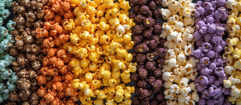 A stack of variously colored popcorn kernels, including chocolate, green tea, cheese, onion, chicken, coffee, and original flavors, arranged in a row.