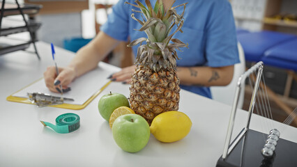 A woman in a clinic writes on clipboard, fruits and measuring tape foreground, promoting a healthy...