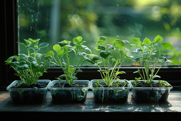 Seedlings sprouting in transparent cups on a windowsill turned mini-greenhouse, with sunlight streaming through.