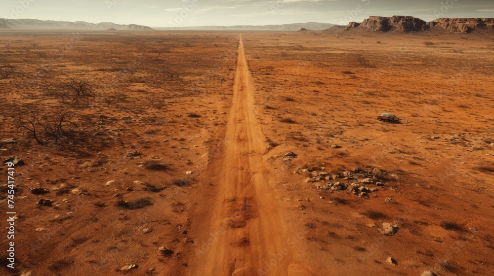 Poster generative ai aerial perspective of remote desert road ::1 visual presenting a top view of a vacant 