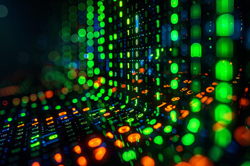 Fototapeta premium Binary matrix background. Falling digits on dark backdrop. Running random numbers. Abstract data concept. Blue futuristic cyberspace.
