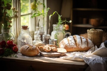 Fototapeta premium Rustic still life with fresh-baked bread, ripe tomatoes, and glass milk bottles on a vintage wooden table by a sunny window
