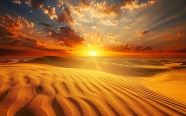 The setting sun sends streaks of light across the desert sky, highlighting the rippling sand patterns below. The desert glows under the expansive sunset.