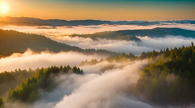 Aerial view of sunrise in the misty forest Foggy golden sunset in mountains Flying over green trees valley Morning mist country fields sun rising above the horizon Scenic nature landscape