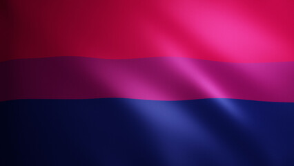  Bisexual Pride flag with fabric texture that moves in the wind. Smooth movement of the waving flag in a perfect loop. Sexual diversity and gender identity, purple, blue, pink. - obrazy, fototapety, plakaty