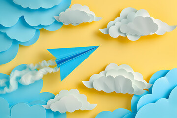 Un avion en papier bleu volant parmi des nuages en papier découpé sur un fond jaune vif