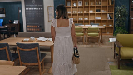 Beautiful hispanic woman with glasses choosing ideal furniture designs, furnishing her home, and embracing the joy of shopping at a furniture store