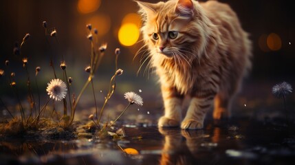 Beautiful red kitten on a bokeh background