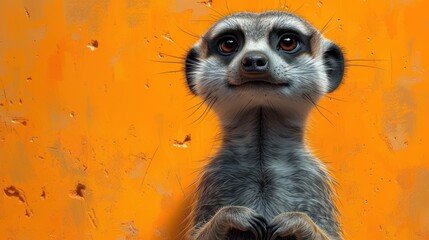  a close up of a meerkat on a yellow background with drops of water on it's face and the meerkat's face is looking up. - obrazy, fototapety, plakaty