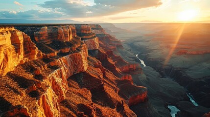 Generative AI Aerial view of majestic cliffs, warm sunset hues, sprawling canyon, detailed drone-captured Grand Canyon dusk