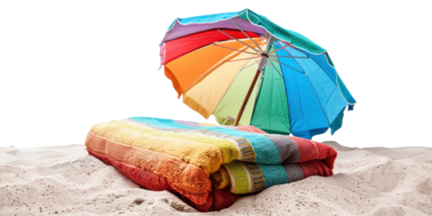 Colorful beach umbrella with matching towels on sand, cut out - stock png.